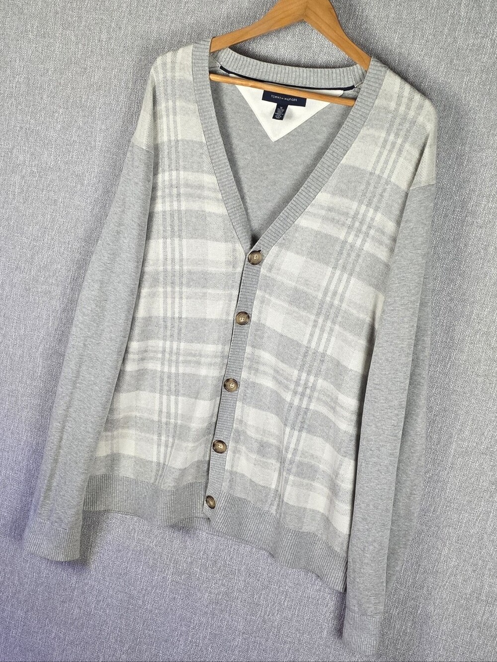 Tommy Hilfiger 100% Cotton Cardigan Sweater Gray/Cream Mens XL